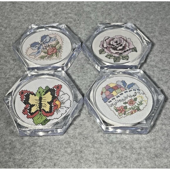 Vtg Acrylic Coasters MCG Textiles Cross Stitch Kit Butterfly Heart Rose Lot Of 4 - Picture 3 of 15